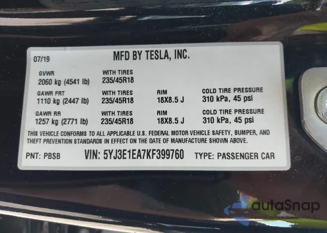 2019 Tesla Model 3 Long Range/Mid Range/Standard Range/Standard Range Plus из США, поврежденный, VIN 5YJ3E1EA7KF399760